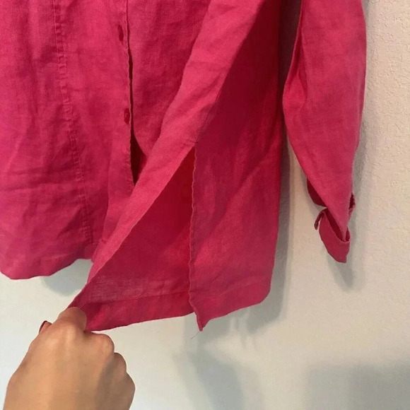 TOTOnKO Womens Size 1X 100% Linen Button Front Blouse Tunic Airy V Neck Hot Pink - Picture 6 of 6